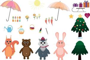 All-season set of animals and various household items. Winter, spring, summer, autumn, bunny, bear, raccoon, squirrel, umbrella, easter eggs, and others. vector