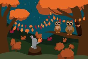 Owls in the autumn evening forest. the bunny gives the collected leaves to the owls vector