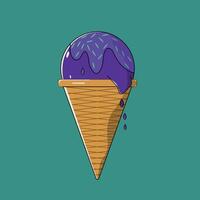 Ice cream in a cone, ice cream with a purple ball and a waffle cone on a turquoise background. vector