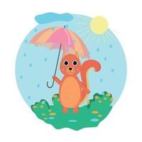 Squirrel with umbrella under spring rain vector