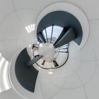 abstractly twisted into spherical 360 panorama interior of modern office with hall staircase and panoramic windows photo