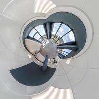 abstractly twisted into spherical 360 panorama interior of modern office with hall staircase and panoramic windows photo
