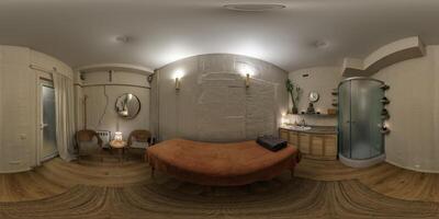 hdri 360 panorama view in stylish beauty spa and massage saloon in wooden room in equirectangular seamless spherical projection. photo