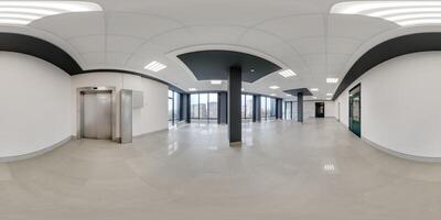 hdri 360 panorama view in empty modern hall with columns, doors and panoramic windows in equirectangular seamless spherical projection, ready for AR VR content photo