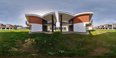 hdri 360 panorama in low-rise residential townhouse or public buildings complex with several multi-level apartments with isolated entrances in equirectangular spherical seamless projection photo