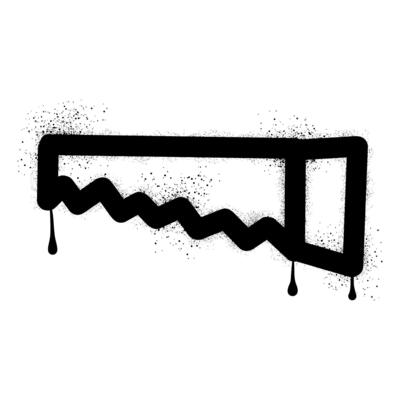 Hand saw with black spray paint graffiti