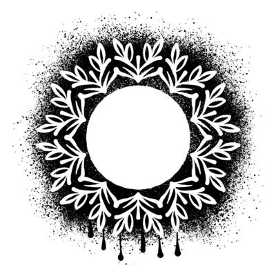 Hand drawn round frame with floral ornament over black paint splash