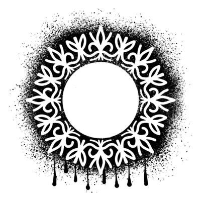Round frame graffiti black paint splash with floral ornament on top