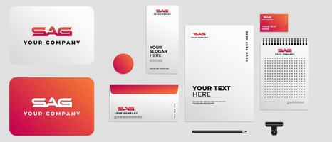 Minimalist logo letter S, A and G linked or connected. Logo corporate, company, factory with gradient color. Full brand kit stationery, Mega bundle pack. Editable file vector