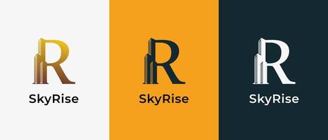 Logo Letter R and Skyscraper Building with Gold luxury color. Logo real estate, architecture, building, apartment. Editable file vector