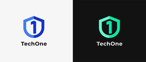Logo number 1 and shield, tech logo, database logo, security logo, antivirus logo guard and defense logo. Modern and minimalisr iconic design. Editable file vector