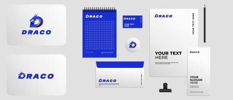 Logo design Letter D combine with Dragon head in blue color with full brand kit stationery, Mega bundle pack. Editable file vector
