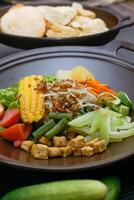 Close up of gado-gado ingredients in a plate, various vegetables and fried tempeh photo