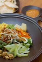 Close up of gado-gado ingredients in a plate, various vegetables and fried tempeh photo