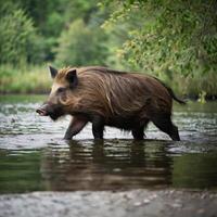 Wild Boar with tusks Hog WIldlife in the sea photo