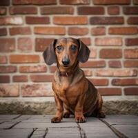Cute Wiener Dog Dachshund Sausage Doggo in front of a brick wall photo