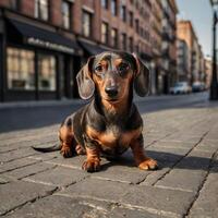 Cute Wiener Dog Dachshund Sausage Doggo on the pavement photo