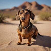 Cute Wiener Dog Dachshund Sausage Doggo in the desert photo