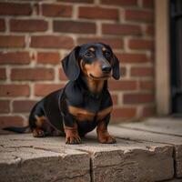 Cute Wiener Dog Dachshund Sausage Doggo in front of a brick wall photo