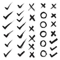 Set hand drawn check mark, tick and cross brush signs with canvas texture. icon set. vector