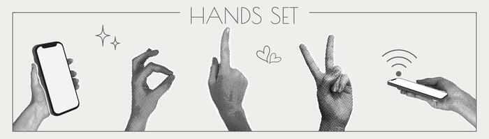Trendy halftone collage. Trendy y2k elements for design. Image of hands with different gestures and phone in hand. Trendy modern retro illustration. vector