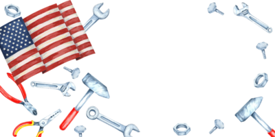 Labor Day banner with American flag, surrounded by various tools such as pliers, wrenches, and hammers in red, blue, and silver. Watercolor clipart with space for text for event invitations png