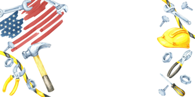 Labor Day watercolor banner with American flag, hammer, wrench, yellow safety helmet, and scattered tools in blue, yellow, and metallic. Clipart is ideal for adding text for web design and flyers png