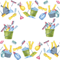 Cleaning utensils such as brooms, buckets, gloves, and sprays in a square frame. Watercolor clipart. Great for enhancing the look of cleaning checklists, promotional materials, and web graphics png