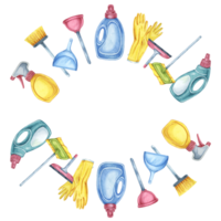 Cleaning tools like spray bottles, mops, gloves, and brushes create a circular frame in this watercolor clipart. Perfect for use in designs for cleaning schedules, event flyers, and online content png