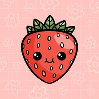 Cute kawaii red strawberry character with smiling face on pink background. Hand drawn illustration vector