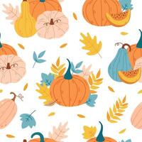 Seamless pattern with pumpkins and autumn leaves vector
