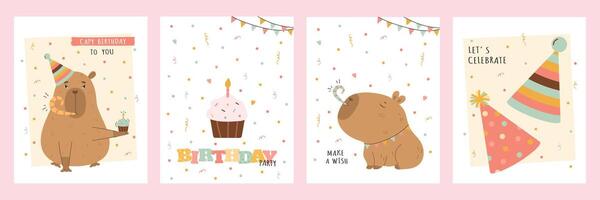 Birthday card set with funny capybara and cake vector