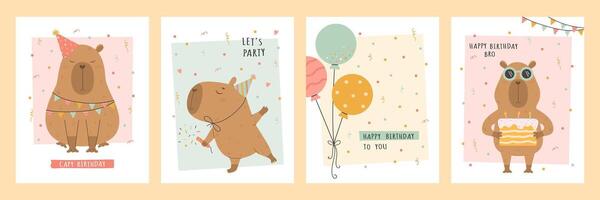 Birthday card set with capybara, cake and balloons vector
