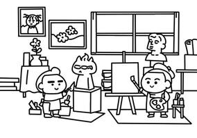The Artist in their workshop coloring pages style. vector