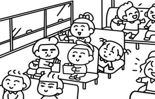 Children playing inside school bus coloring pages style. vector