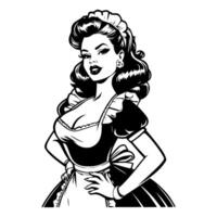 Black and white pop art illustration of a confident retro maid with hands on hips, dressed in a classic maid uniform, showcasing 1950s style and vintage charm. vector