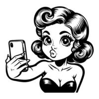 Black and white pop art illustration of a retro cartoon woman with exaggerated features, taking a selfie with a pouty expression, blending vintage style with modern technology. vector