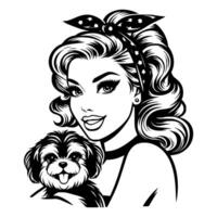Black and white pop art illustration of a retro woman wearing a polka dot headband, smiling while holding a cute puppy, showcasing classic 1950s style and vintage charm. vector