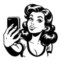 Black and white pop art illustration of a retro woman puckering her lips while taking a selfie with a smartphone, blending vintage style with modern technology. vector
