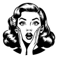 Black and white pop art illustration of a retro woman with a shocked expression, hands on her cheeks, representing classic 1950s style. vector