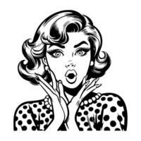 Black and white pop art illustration of a retro woman with a surprised expression, hands on face, embodying classic 1950s style and emotion. vector