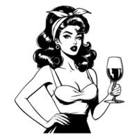 Black and white pop art illustration of a confident retro woman holding a wine glass, with a poised and assertive expression, showcasing classic 1950s style and vintage glamour. vector