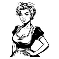 Black and white pop art illustration of a confident retro woman with hands on her hips, wearing an apron and a headscarf, showcasing classic 1950s style and a strong, determined attitude. vector