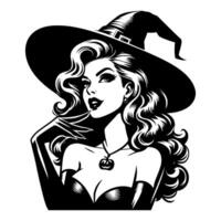 Black and white pop art illustration of a glamorous retro witch with a confident expression, wearing a witch hat and a pumpkin necklace, showcasing vintage style with a touch of Halloween charm. vector