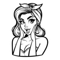 Black and white pop art illustration of a surprised retro cartoon woman with wide eyes and hands on her cheeks, wearing a headband, showcasing classic 1950s style and playful charm. vector