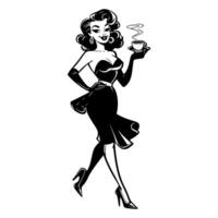 Black and white pop art illustration of a glamorous retro woman confidently walking while holding a cup of coffee, showcasing classic 1950s style and vintage elegance. vector