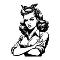 Black and white pop art illustration of a fierce retro woman with an intense expression and arms crossed, wearing a headscarf and embodying classic 1950s style with a strong attitude. vector