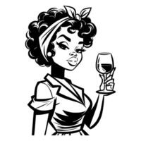 Black and white pop art illustration of an elegant retro woman holding a wine glass with a confident expression, featuring a classic 1950s style with a headband and vintage flair. vector