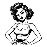 Black and white pop art illustration of a sassy retro woman with a confident expression and hands on her hips, showcasing classic 1950s style and vintage attitude. vector