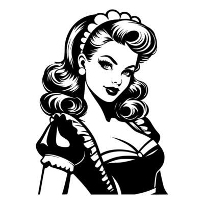 Black and white pop art illustration of a retro pin-up maid with a confident expression, showcasing classic 1950s style and vintage aesthetics.